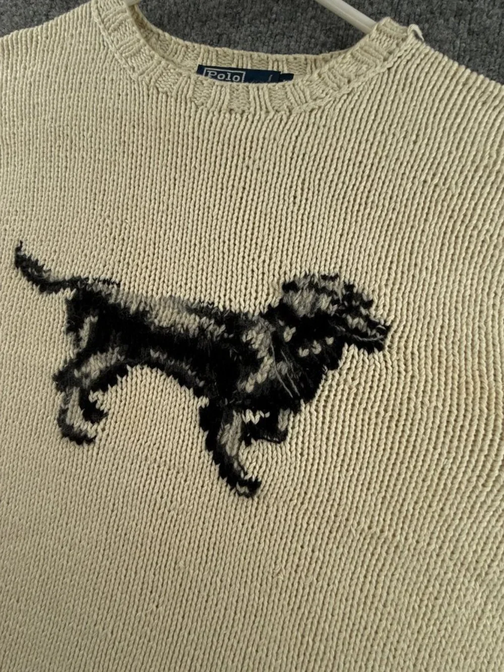 VTG Polo Ralph Lauren Hand Knit Dog RL01 2001 Linen Blend Graphic Large Ivory